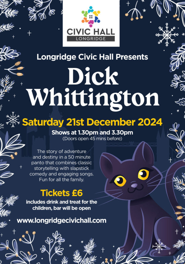 Dick Whittington Panto Poster for Longridge Civic Hall on 21st December 2024