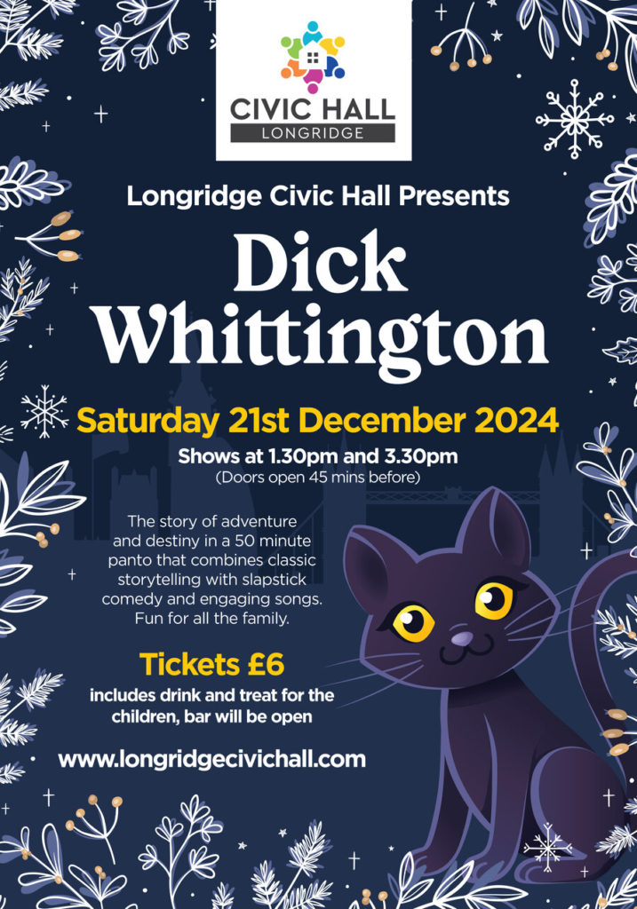 Dick Whittington Panto Poster for Longridge Civic Hall on 21st December 2024